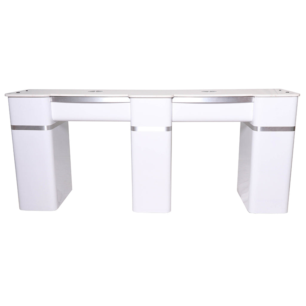 Nail Table - T20W - Double Station with Vent Hood - White Shiney Silver